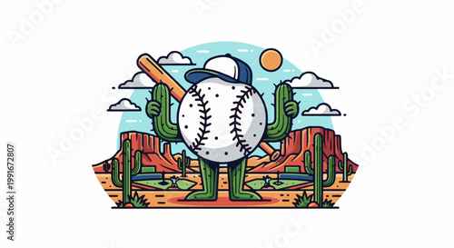 Cartoon baseball player cactus in desert landscape with bat