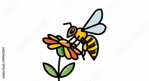 Cartoon bee collecting nectar from a colorful flower