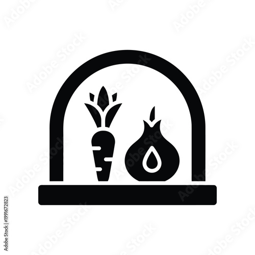 Greenhouse vegetable harvest icon showing carrot and onion in a glass dome structure