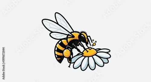 Cartoon bee collecting nectar from a daisy, with pollen droplets