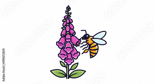 Cartoon bee collecting nectar from a tall stalk of pink flowers