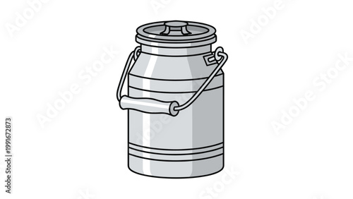 Classical metal milk can illustration with a wooden handle and lid rendered in a clean technical vector style on a white background.