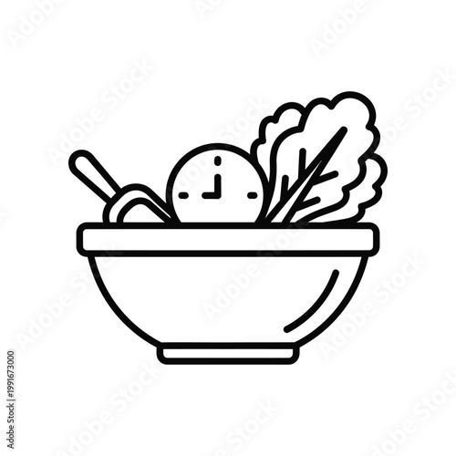 Healthy salad bowl with fresh lettuce and clock icon representing meal delivery service or healthy eating timing conceptual line art vector illustration for nutrition program
