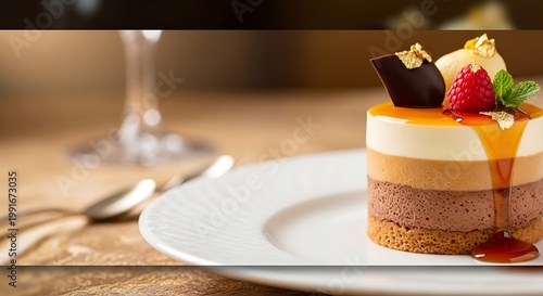 Layered mousse cake with chocolate decorations and fresh raspberry on white plate.