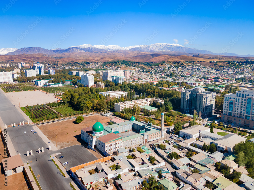 Fototapeta premium Haji Yaqub Mosque aerial panoramic view, Dushanbe