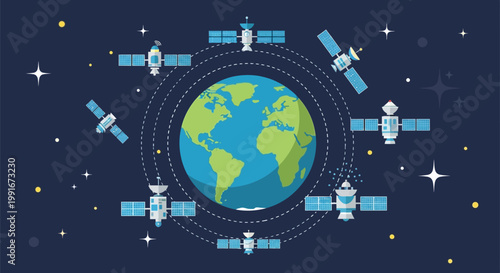 Illustration of multiple artificial satellites orbiting the planet Earth.