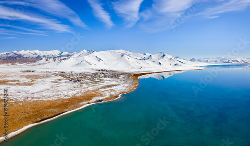 Quadro su tela Karakul lake aerial panoramic view in Tajikistan
