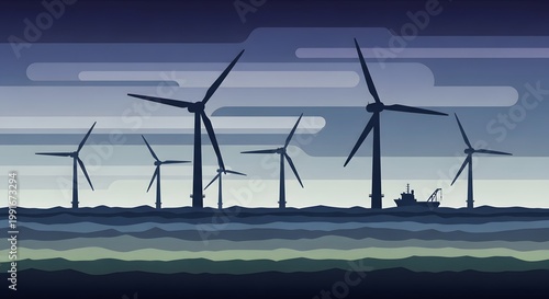 Silhouette of offshore wind farm and ship in the ocean