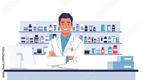Smiling male pharmacist in a white coat standing with crossed arms behind a pharmacy counter with shelves of medicine.