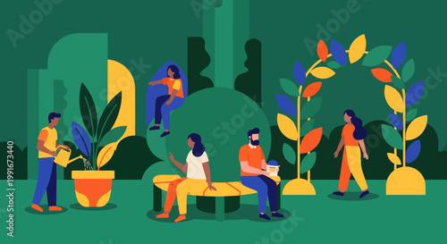 people relaxing in park with plants and city background