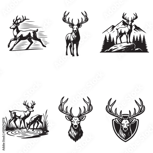 Wildlife Stag and Buck Vector Elements Featuring Alpine Ridge Vistas and Protective Crests