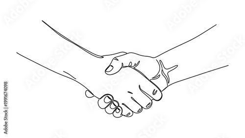 Minimalist continuous line drawing of two people shaking hands.