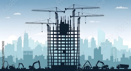 Silhouette of skyscraper construction site with cranes and excavators