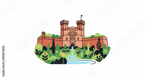 Cartoon castle with turrets and walls, surrounded by lush foliage and a fountain