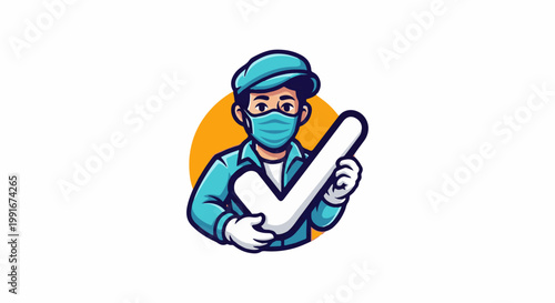 Cartoon character in mask and gloves holds large checkmark symbol