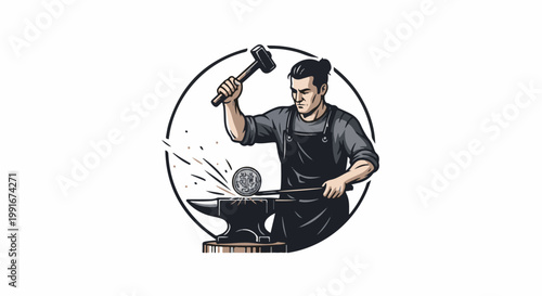 Blacksmith hammering glowing metal on anvil inside a circle