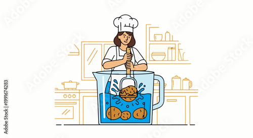 Cartoon chef mixes potatoes in water inside a large pitcher in kitchen