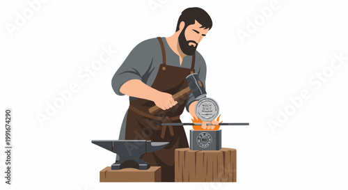 Blacksmith working metal with hammer over glowing heat with anvil nearby