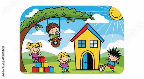 Cartoon children play in a sunny yard with a house, swing, and toys