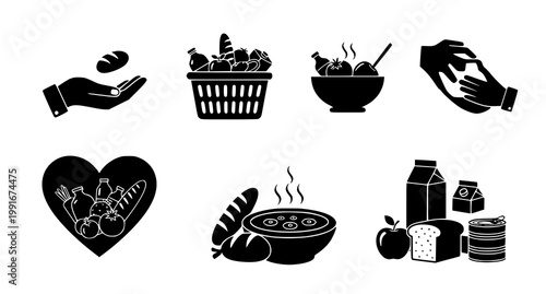 Food donation and charity icons a collection of black and white glyphs