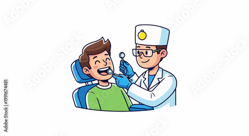 Cartoon dentist examines a patient's teeth in a dental chair