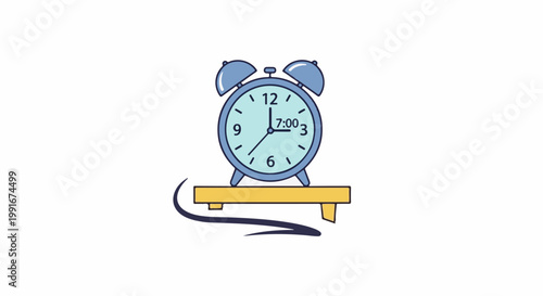 Blue alarm clock on a yellow shelf displays 700, with a black curved arrow