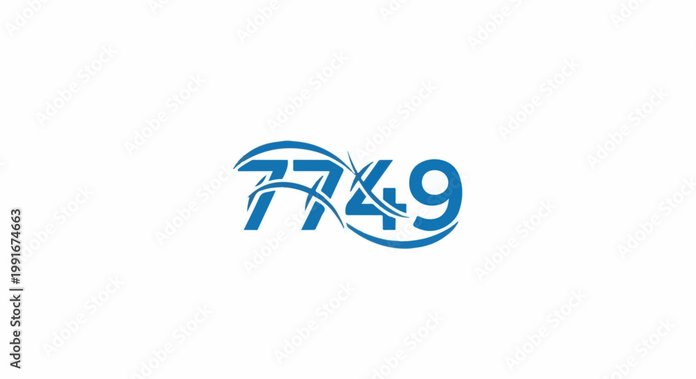 Fototapeta premium Blue abstract numbers 7749 with swooping lines and cross shapes