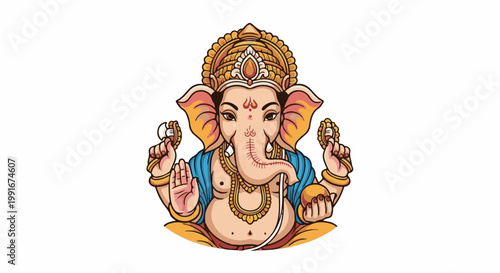 Cartoon elephant god figure with crown, ornaments, and holding objects