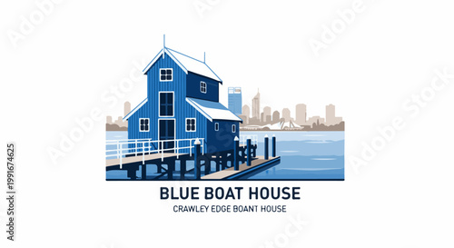 Blue boathouse on a pier with city skyline in the background