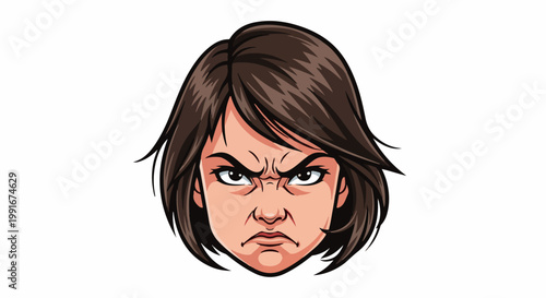 Cartoon face of a young woman with dark hair, looking angry