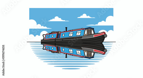 Blue canal boat reflected in calm blue water under a cloudy sky