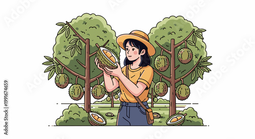 Cartoon farmer wearing a hat holds a durian with trees and fruits in background