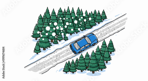 Blue car drives on a snowy, tree-lined road in winter