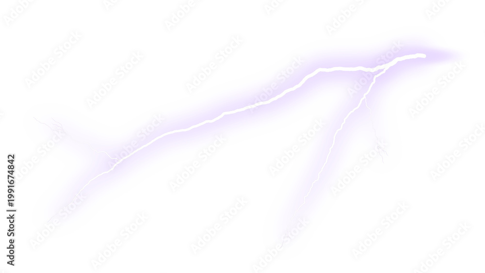 Obraz premium Purple lightning bolt strike, electric atmospheric discharge, glowing violet thunderbolt flash, powerful energy spark for weather and science concepts isolated PNG with Transparent Background