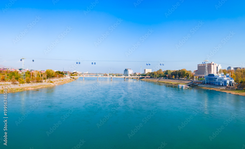 Fototapeta premium Khujand city aerial panoramic view in Tajikistan