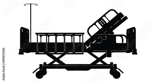  Silhouette of an adjustable hospital bed with IV pole for medical care.