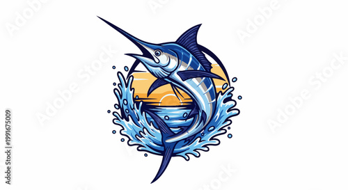 Blue marlin leaps from ocean waves at sunset