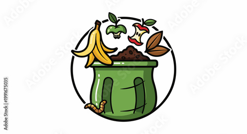 Cartoon illustration of a compost bin overflowing with fruit scraps and soil