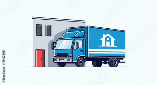 Blue moving truck parked by a building with a house logo