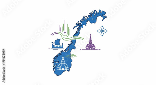 Blue outline of Norway with illustrations of a Viking ship, churches, northern lights, and snowflakes