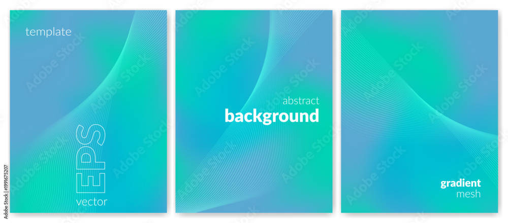 Fototapeta premium Abstract liquid background set. Gradient mesh. Effect blend turquoise color. Blurred fluid colorful mix. Modern design template for web cover, header, ad banner, poster, brochure, flyer. Vector image