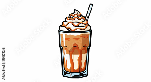 Cartoon illustration of a tall glass with iced coffee, whipped cream, and caramel
