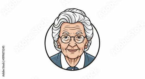 Cartoon illustration of an elderly woman's smiling face wearing glasses