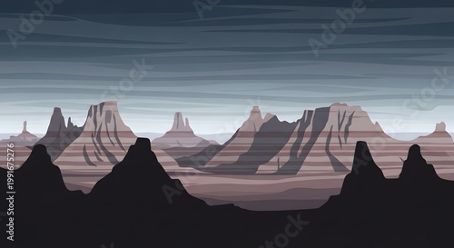 Stylized desert canyon landscape with buttes and mesas
