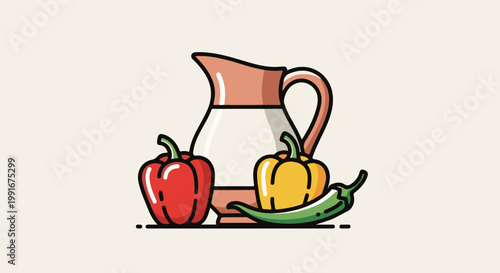 Cartoon illustration of peppers and a pitcher on a light background