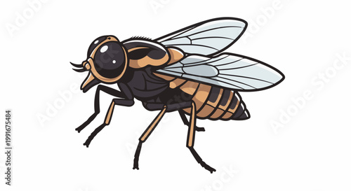 Cartoon insect with large black eyes, striped abdomen and transparent wings