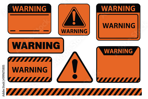 Industrial, safety warning label icon set in yellow and black, blank customizable text area, flat vector illustration, hazard and caution symbols, workplace safety signage, isolated on white 