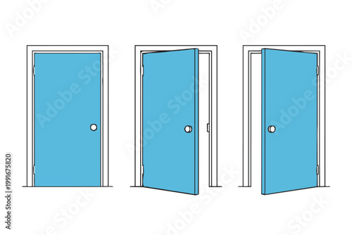 Blue Door Icon Set showing Closed and Open Entrance for Choice and Opportunity Concepts