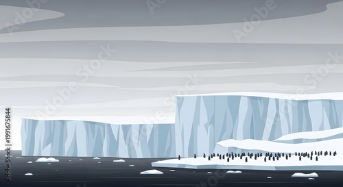 Stylized illustration of penguins on ice shelf in Antarctica