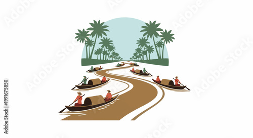 Boats navigating a winding river under a canopy of palm trees